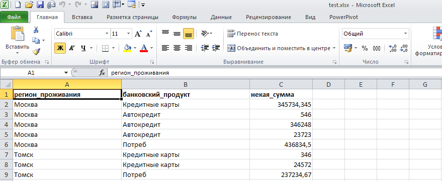 Источник данных - простой Excel файл